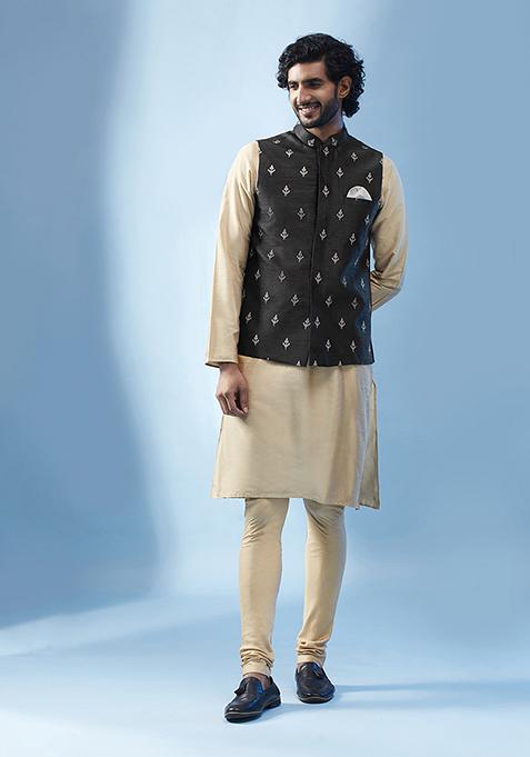 Black Embroidered Silk Blend Kurta Jacket Set