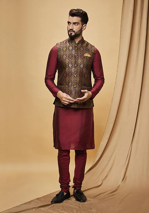 Multicolour Jacquard Silk Blend Kurta Jacket Set