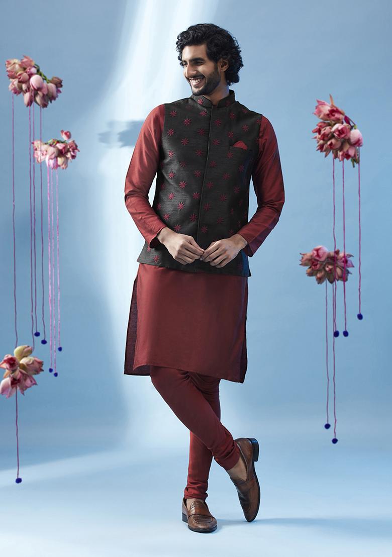 Black Embroidered Silk Blend Kurta Jacket Set