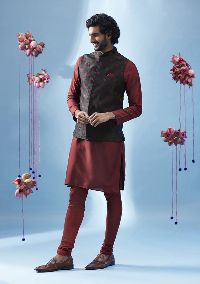 Black Embroidered Silk Blend Kurta Jacket Set