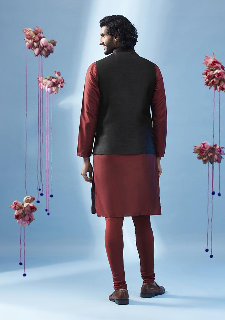 Black Embroidered Silk Blend Kurta Jacket Set