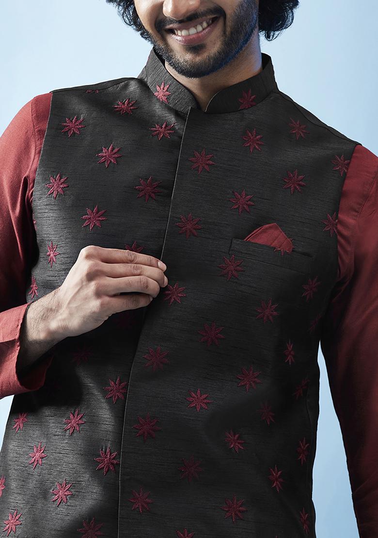 Black Embroidered Silk Blend Kurta Jacket Set