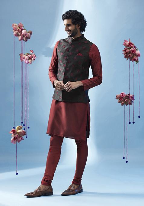 Black Embroidered Silk Blend Kurta Jacket Set