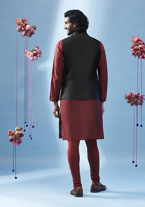 Black Embroidered Silk Blend Kurta Jacket Set