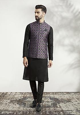 Purple And Black Woven Jacquard Silk Blend Jacquard Kurta Jacket Set