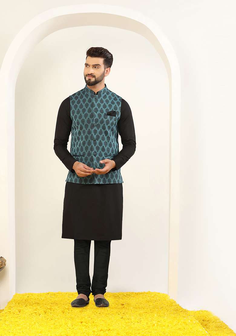 Blue Jacquard Silk Blend Kurta Jacket Set - Indya