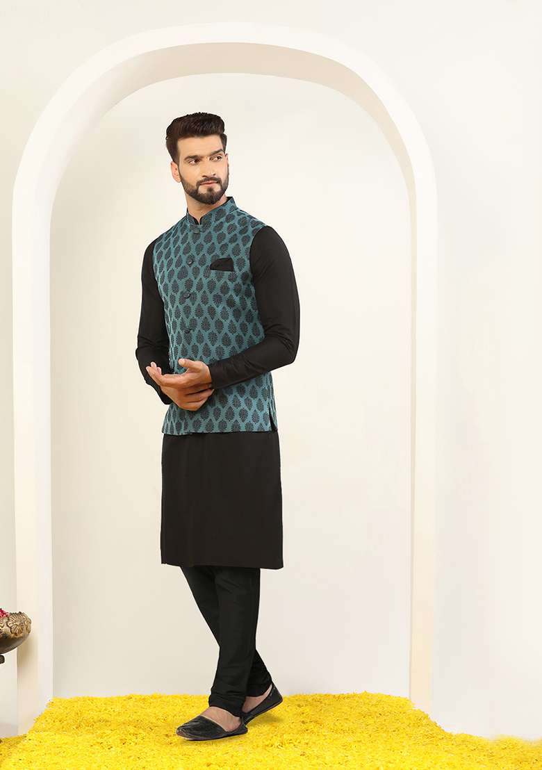 Blue Jacquard Silk Blend Kurta Jacket Set - Indya