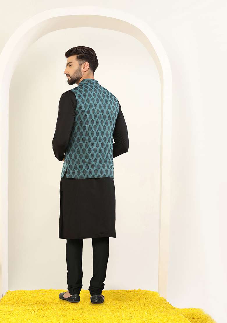 Blue Jacquard Silk Blend Kurta Jacket Set - Indya