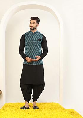 Blue Jacquard Silk Blend Kurta Jacket Set