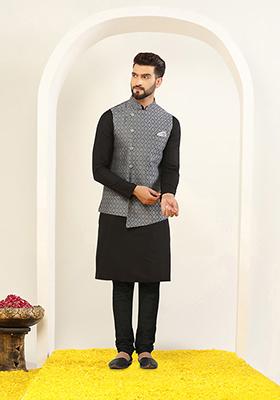 Grey Jacquard Silk Blend Kurta Jacket Set