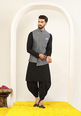 Grey Jacquard Silk Blend Kurta Jacket Set