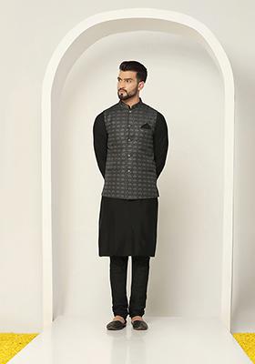 Black Jacquard Silk Blend Kurta Jacket Set