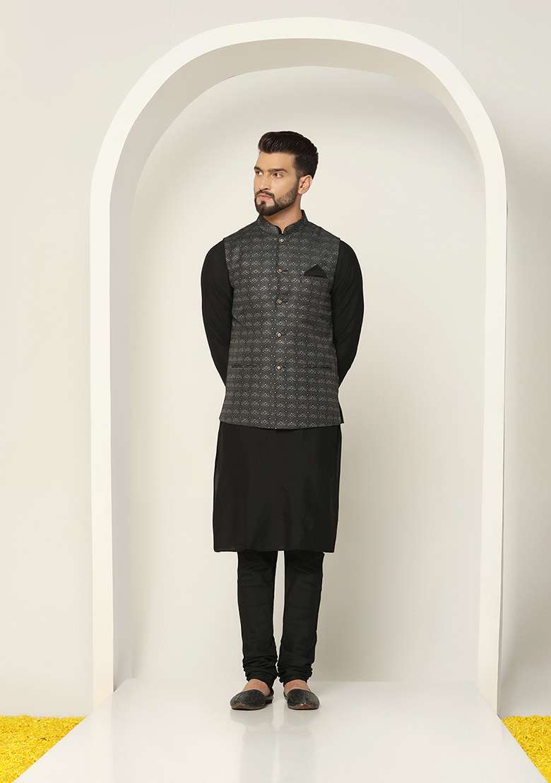 Black Jacquard Silk Blend Kurta Jacket Set - Indya