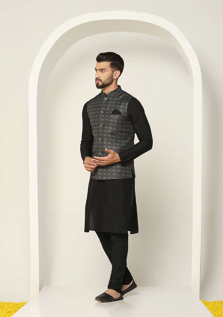Black Jacquard Silk Blend Kurta Jacket Set - Indya