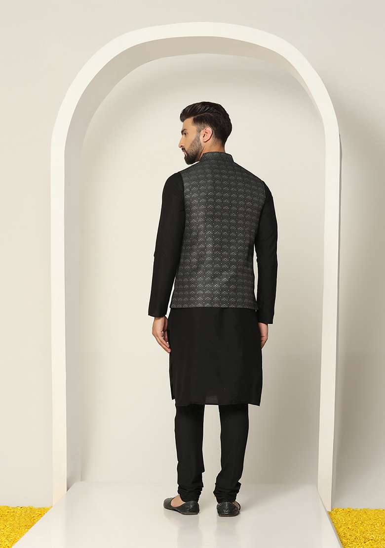 Black Jacquard Silk Blend Kurta Jacket Set - Indya