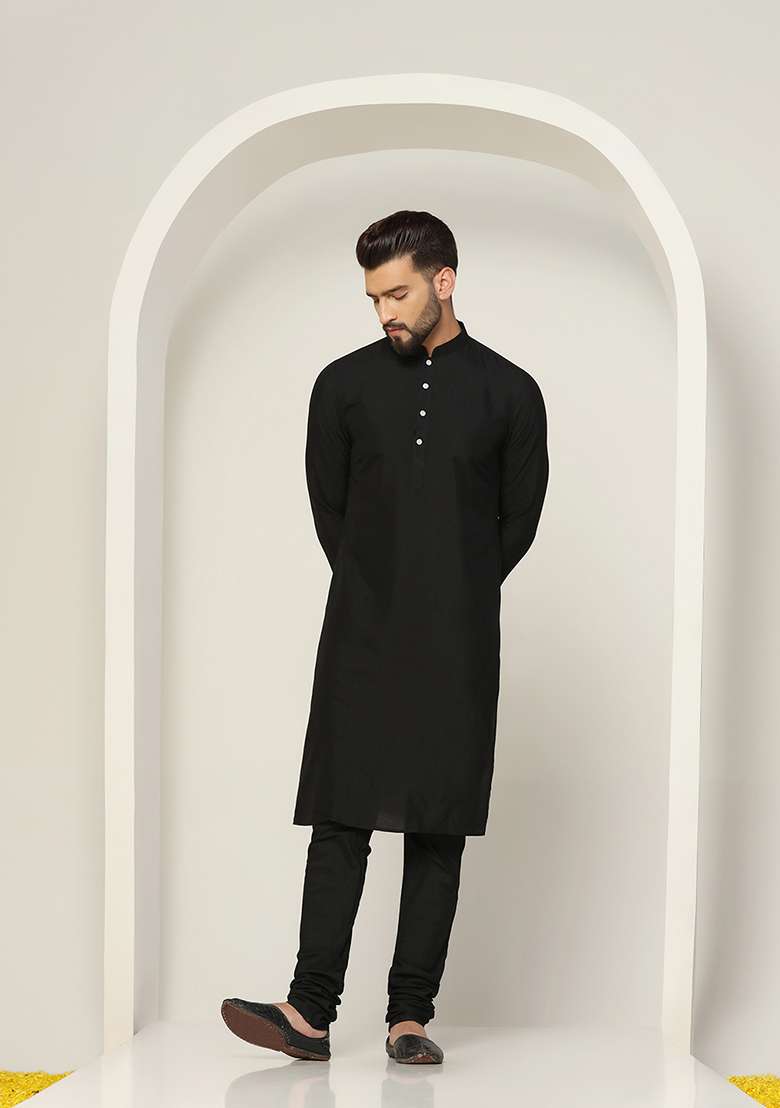 Black Jacquard Silk Blend Kurta Jacket Set - Indya
