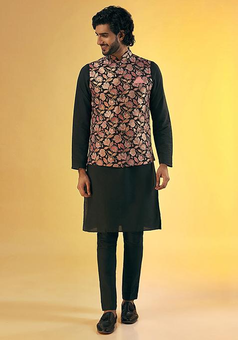 Black Foil Print Cotton Blend Kurta Jacket Set