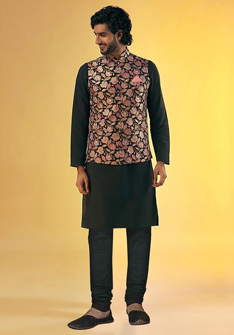 Black Printed Cotton Blend Kurta Jacket Set
