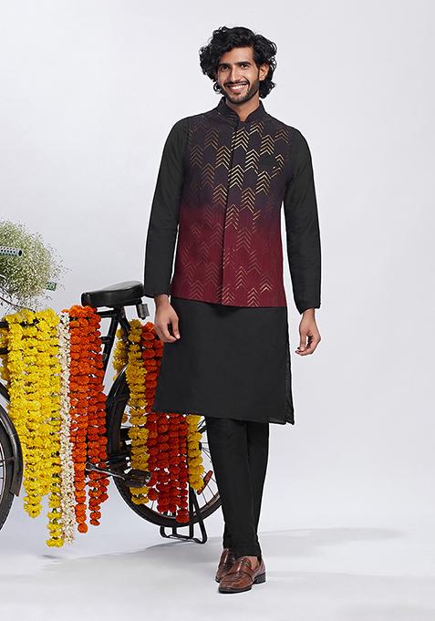 Black Embroidered Cotton Blend Kurta Jacket Set