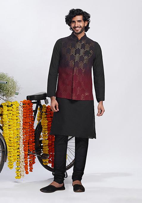 Black Embroidered Cotton Blend Kurta Jacket Set