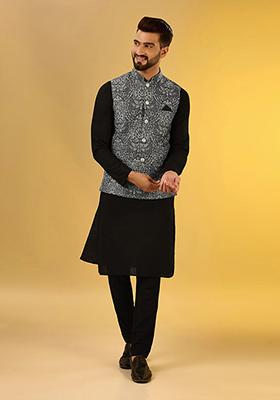 Ash Grey Printed Cotton Blend Kurta Jacket Set