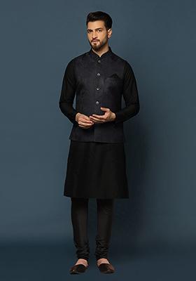 Navy Blue Textured Silk Blend Kurta Jacket Set