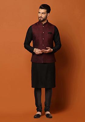 Maroon Jacquard Silk Blend Kurta Jacket Set