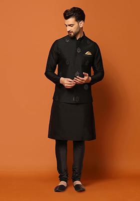 Black Jacquard Silk Blend Kurta Jacket Set