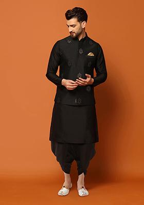 Black Jacquard Silk Blend Kurta Jacket Set