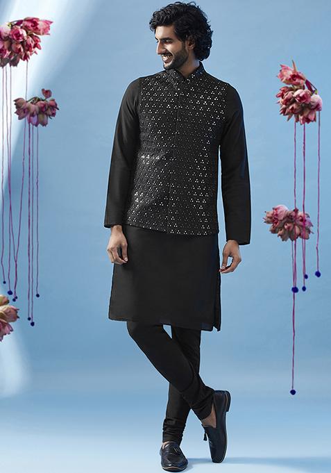 Black Embroidered Silk Blend Kurta Jacket Set