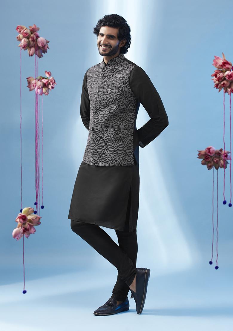 Black Embroidered Silk Blend Kurta Jacket Set - Indya