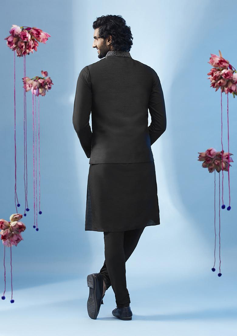 Black Embroidered Silk Blend Kurta Jacket Set