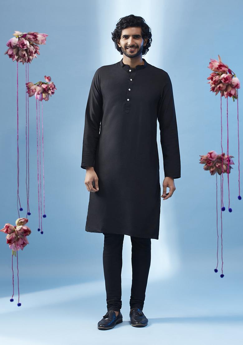 Black Embroidered Silk Blend Kurta Jacket Set - Indya