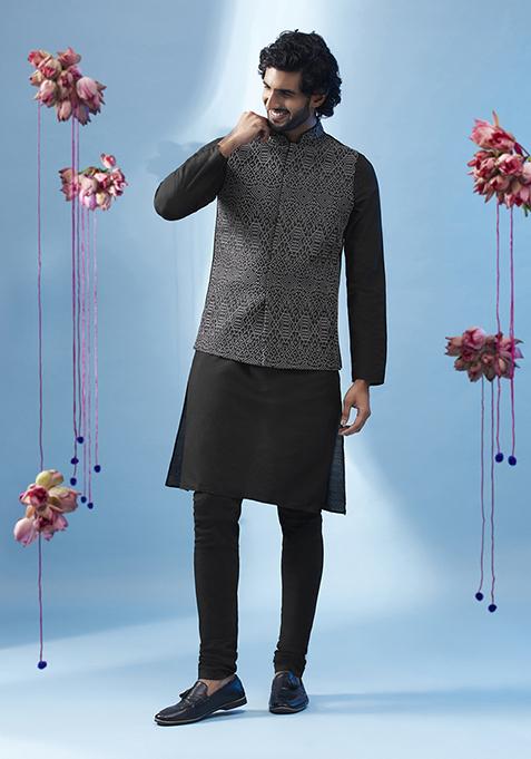 Black Embroidered Silk Blend Kurta Jacket Set
