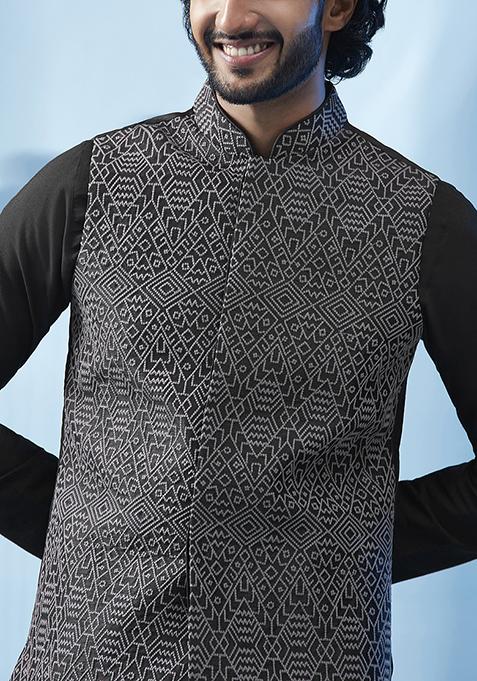 Black Embroidered Silk Blend Kurta Jacket Set