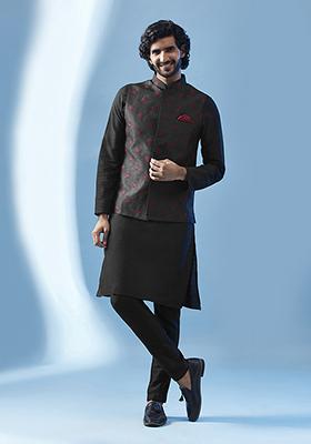Black Embroidered Silk Blend Kurta Jacket Set