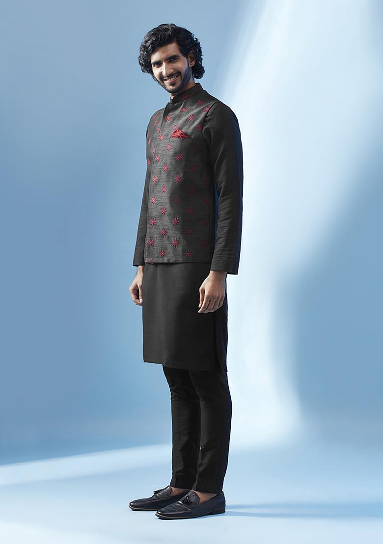 Black Embroidered Silk Blend Kurta Jacket Set