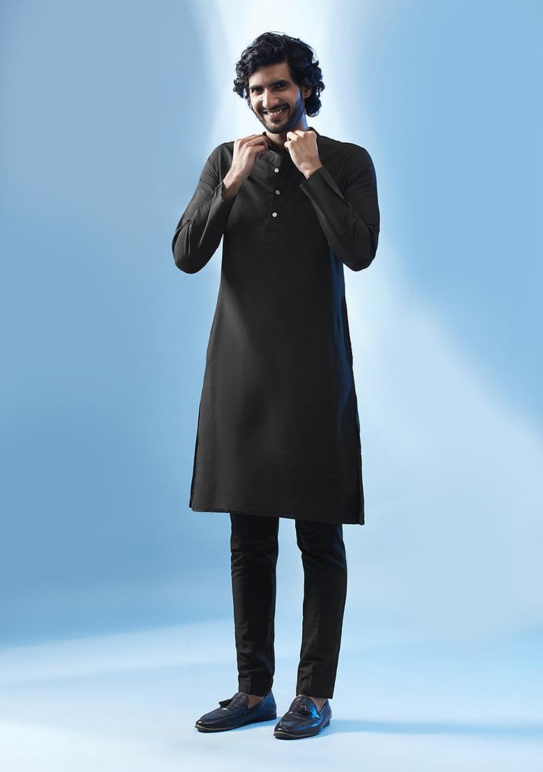 Black Embroidered Silk Blend Kurta Jacket Set