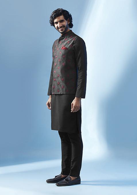Black Embroidered Silk Blend Kurta Jacket Set