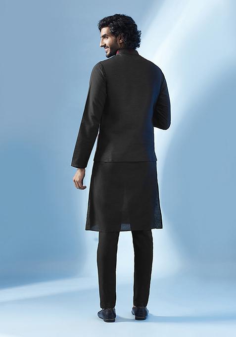 Black Embroidered Silk Blend Kurta Jacket Set