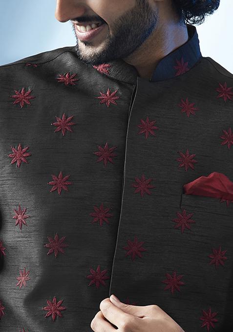 Black Embroidered Silk Blend Kurta Jacket Set