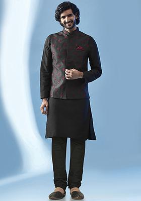 Black Embroidered Silk Blend Kurta Jacket Set