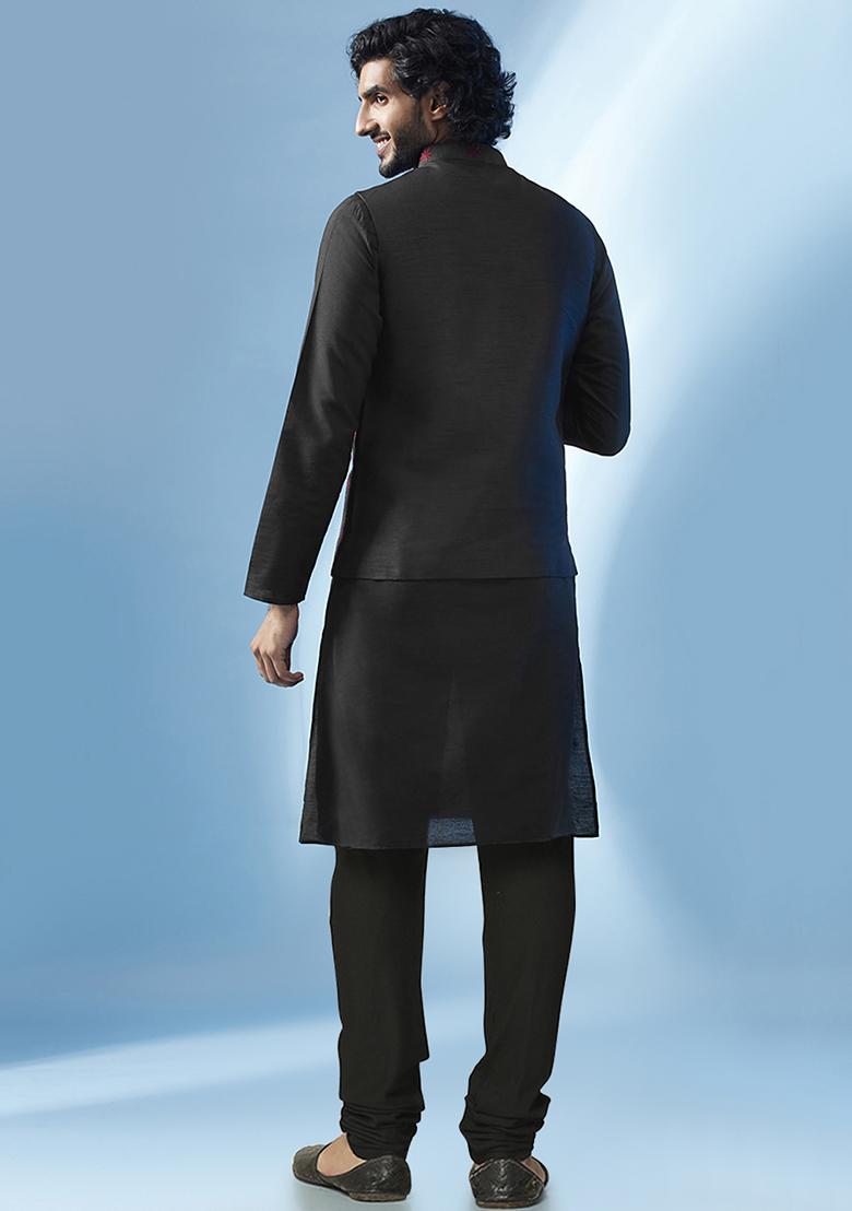 Black Embroidered Silk Blend Kurta Jacket Set