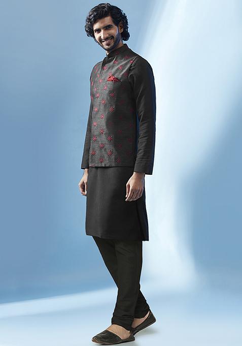 Black Embroidered Silk Blend Kurta Jacket Set
