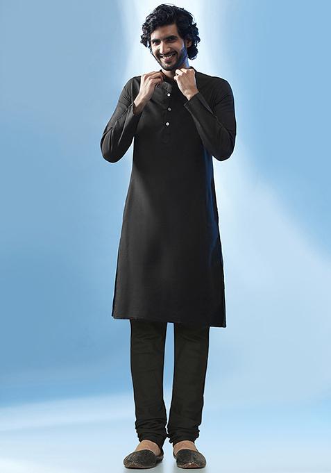 Black Embroidered Silk Blend Kurta Jacket Set