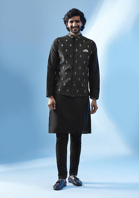 Black Embroidered Silk Blend Kurta Jacket Set