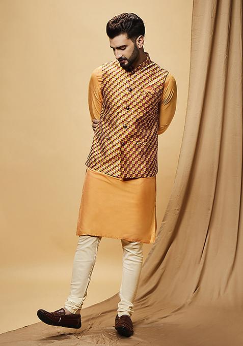 Multicolour Jacquard Silk Blend Kurta Jacket Set