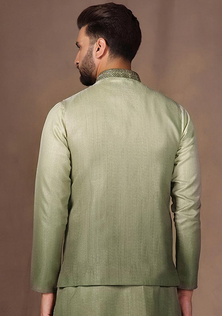 Green Embroidered Silk Blend Jacket - Indya