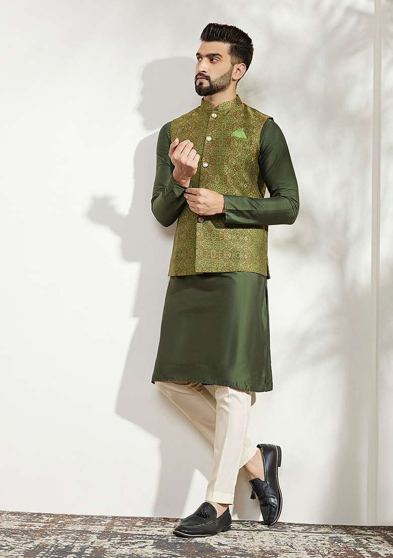 Olive green Woven Jacquard Silk Blend Jacquard Jacket - Indya