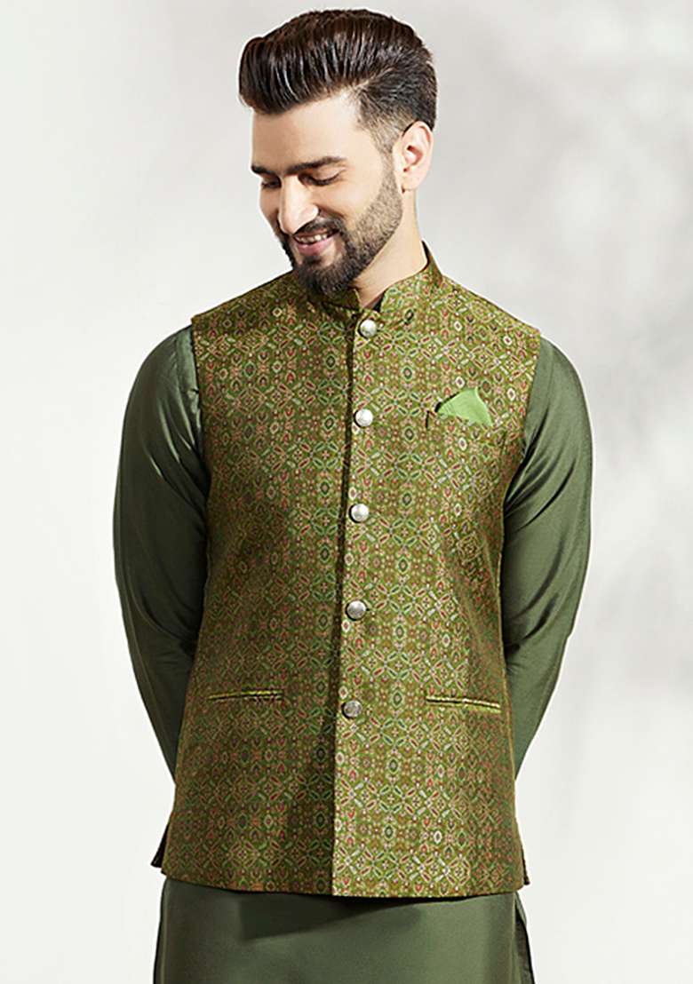 Olive green Woven Jacquard Silk Blend Jacquard Jacket - Indya
